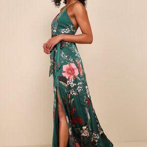 Lulus Still The One Emerald Green Floral Print Satin Maxi Dress - Size M